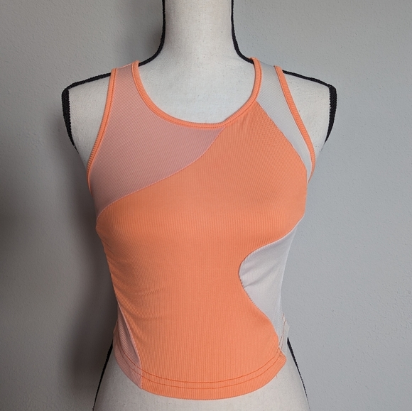 Light and bright orange abstract color block cropped ribbed tank top size L - Picture 2 of 6
